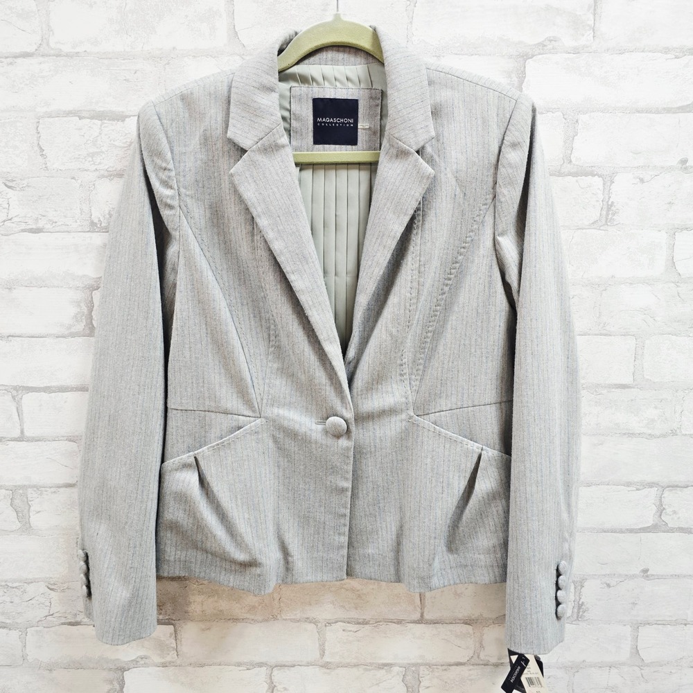 NWT Magaschoni Collection Grey Blue Pinstripe Flannel Blazer YY85021